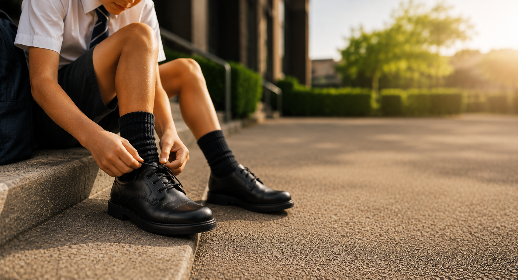 Student tying black leather boys school shoes with black socks, showcasing durable and comfortable school footwear for everyday wear.