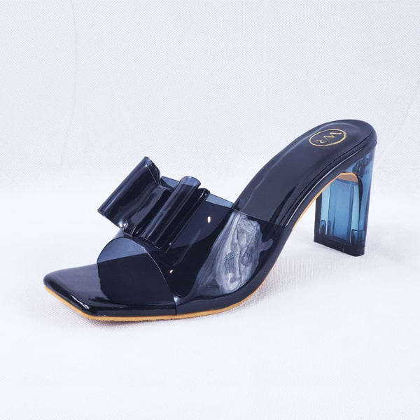 Kalysta Black Patent Clear Block Heel Mules