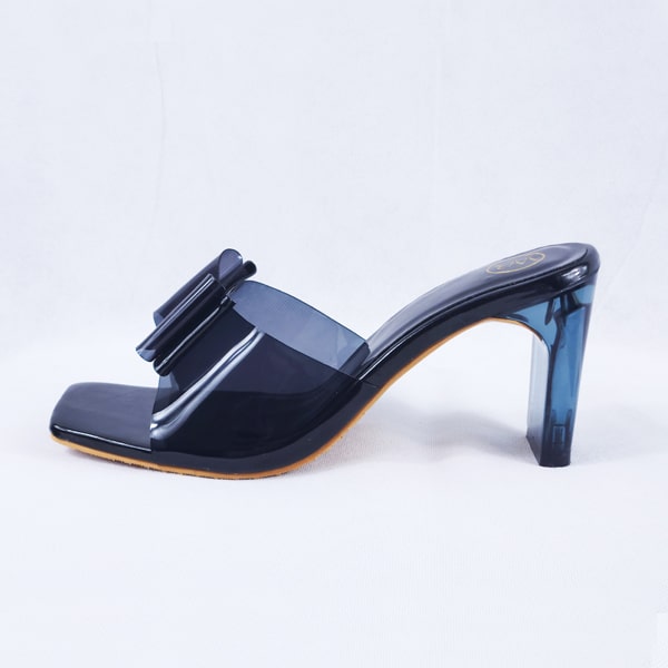 Kalysta Black Patent Clear Block Heel Mules